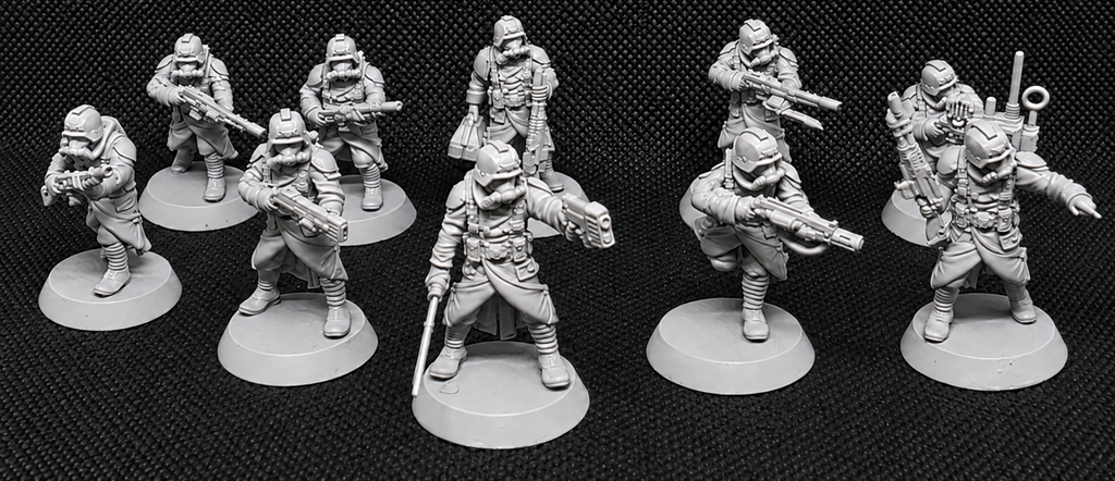 Wide shot of ten Grimguard soldiers in various poses.