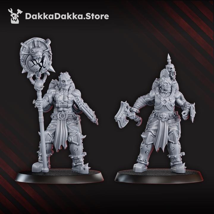 Two highly detailed grimdark tabletop miniatures from the Mad Hyenas Squad, each holding large melee weapons and standing on round bases.