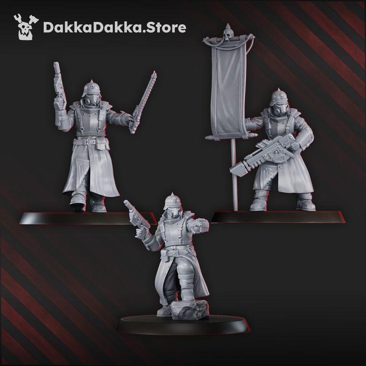 Close-up view of 3 of the 2nd Death Division Commander Squad miniatures by DakkaDakka, featuring sci-fi officers and veteran command troops.