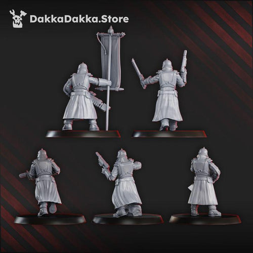 2nd Death Division Commander Squad by DakkaDakka, showing rear view of the five monopose sci-fi command miniatures with trench warfare armor and battlefield gear.
