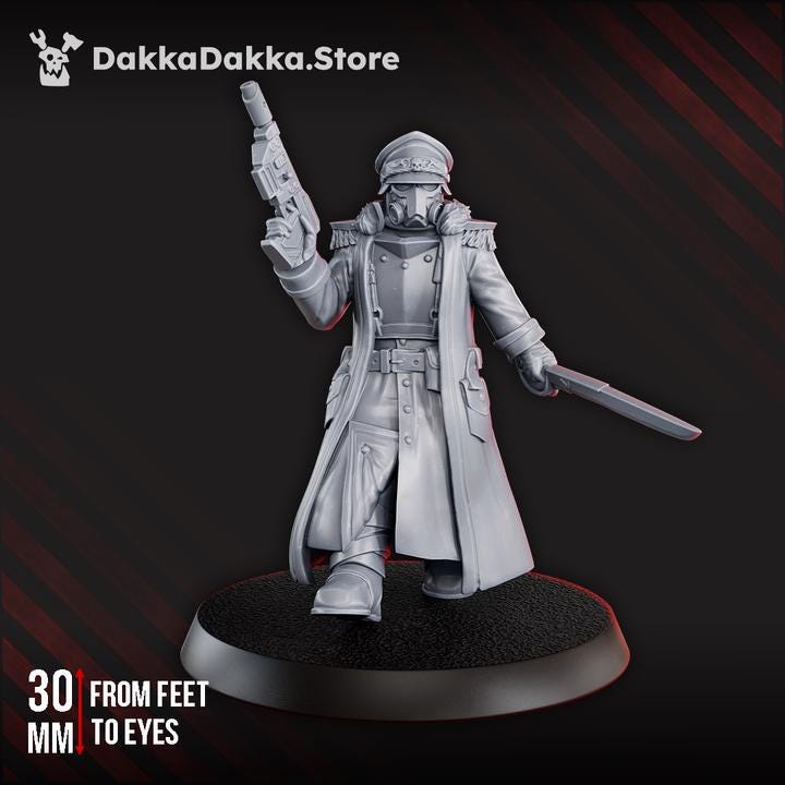 2nd Death Division Commissar by DakkaDakka, a sci-fi commander miniature with officer coat, pistol, sword, and trench warfare styling.