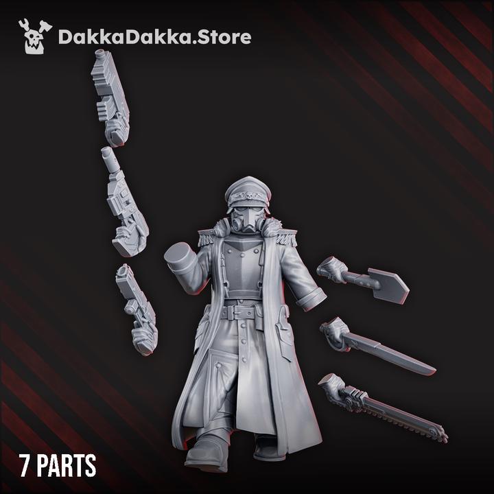 Modular view of the 2nd Death Division Commissar miniature by DakkaDakka, showing long coat detail, command pose, and sci-fi military gear.