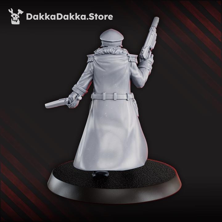 Rear View of the 2nd Death Division Commissar by DakkaDakka, a sci-fi commander miniature with officer coat, pistol, sword, and trench warfare styling.