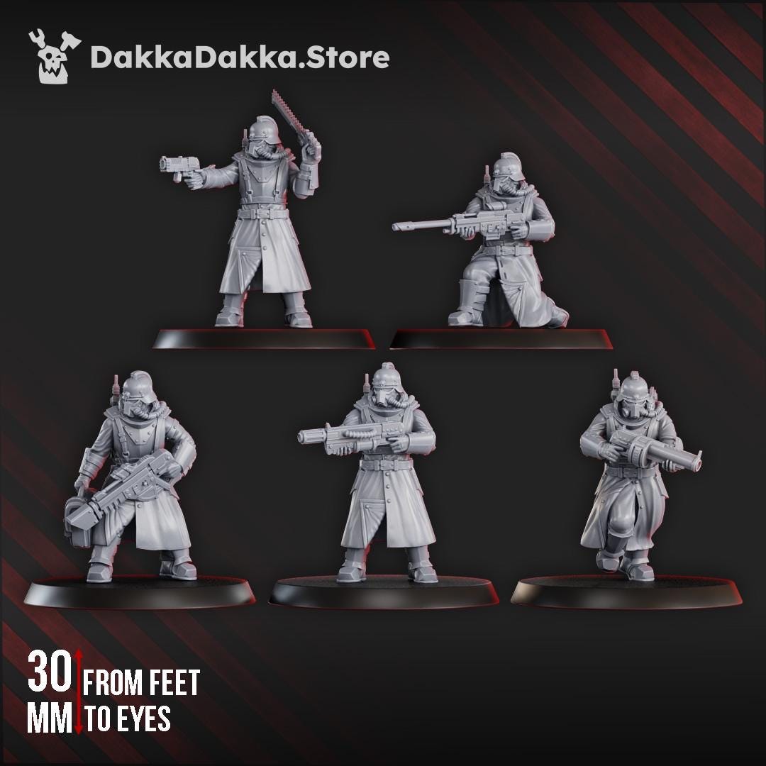 2nd Death Division Grenadier Squad by DakkaDakka, showing five preassembled sci-fi grenadier miniatures with trench warfare armor and battlefield gear.