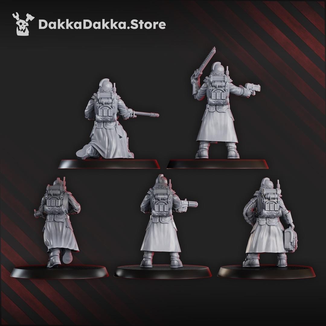 2nd Death Division Grenadier Squad by DakkaDakka, showing the rear view of five preassembled sci-fi grenadier miniatures with trench warfare armor and battlefield gear.