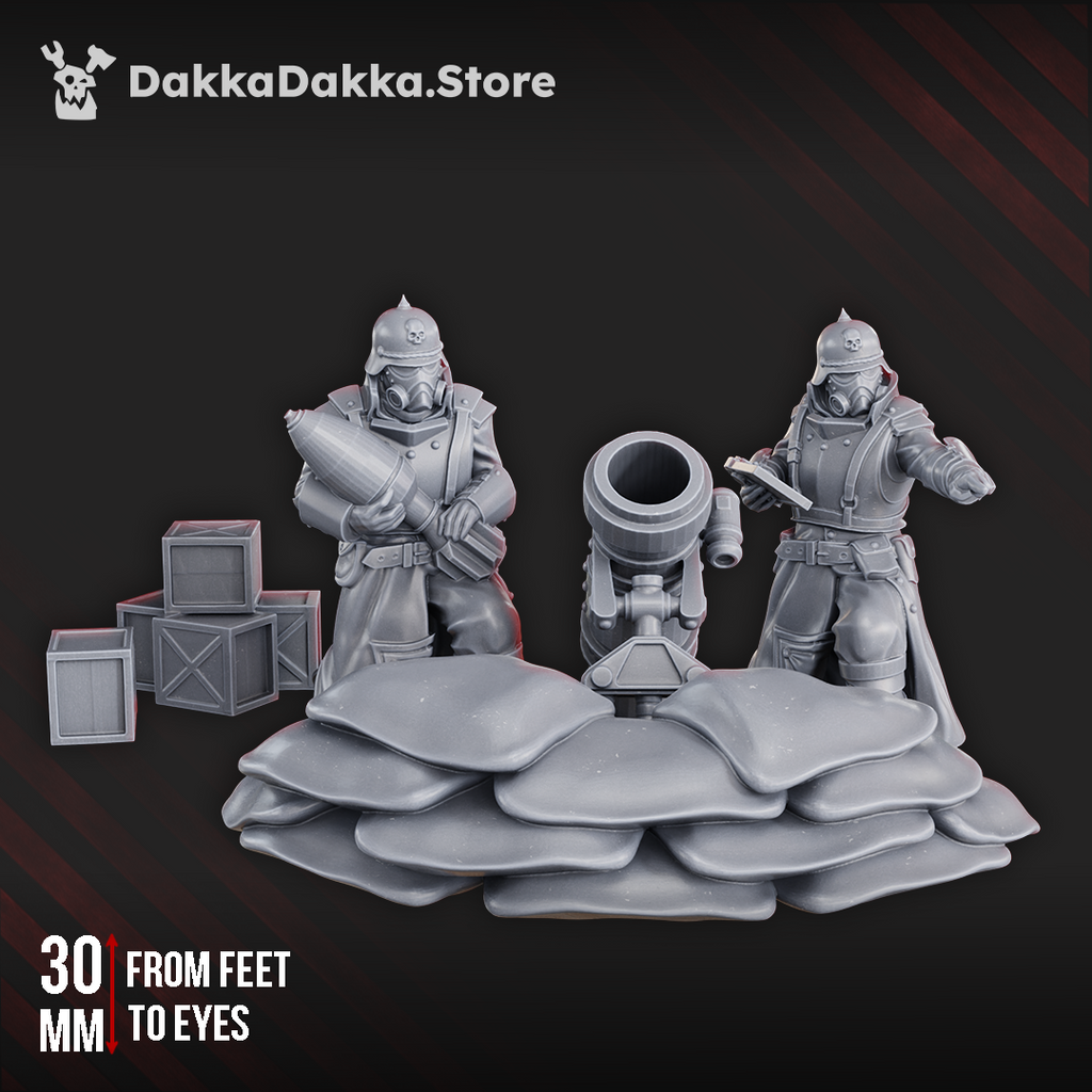 2nd Death Division Heavy Weapons by DakkaDakka, showing a sci-fi artillery crew behind sandbags with a heavy weapon emplacement and supply crates.