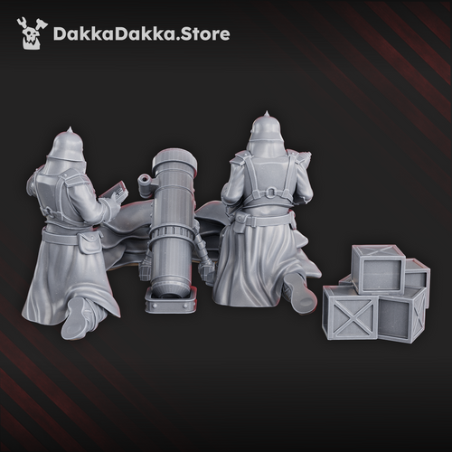Rear view of 2nd Death Division Heavy Weapons by DakkaDakka, showing the heavy weapon, kneeling crew, sandbag cover, and battlefield crates.