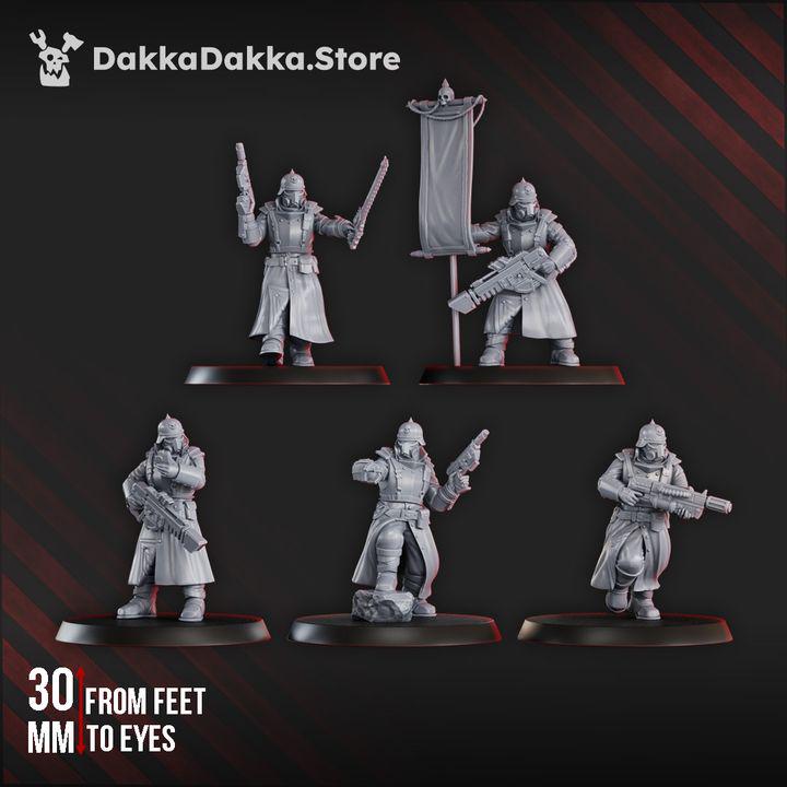 2nd Death Division Commander Squad by DakkaDakka, showing five monopose sci-fi command miniatures with trench warfare armor and battlefield gear.