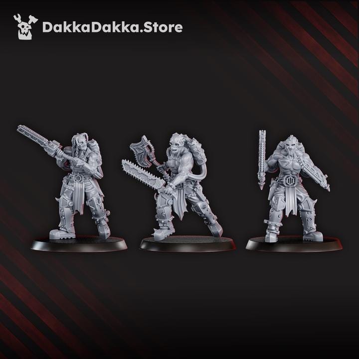 Threegrimdark Mad Hyenas Squad miniatures in various armored poses, each equipped with detailed melee weapons and sculpted gear on round bases