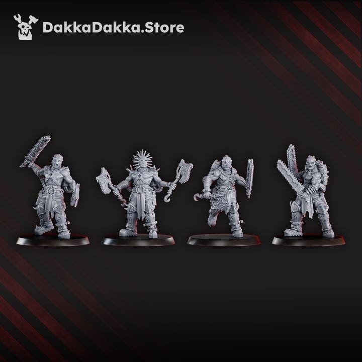 Four grimdark Mad Hyenas Squad miniatures in various armored poses, each equipped with detailed melee weapons and sculpted gear on round bases