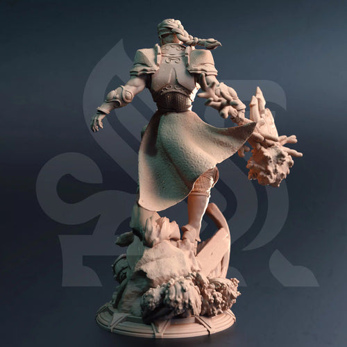 Rear view of Aboro-Ko Cleric of Tears miniature by DM Stash, showing Elemi warrior armor, ocean-themed details, and tabletop RPG base.