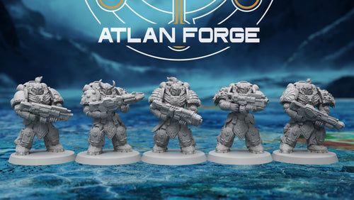 Five Asgardian Aegis Rangers by Atlan Forge in ornate heavy armor carrying oversized sci-fi ranged weapons.
