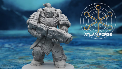 Asgardian Aegis Ranger miniature with crested helmet and heavy energy weapon by Atlan Forge.