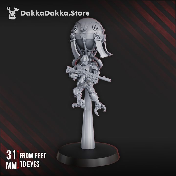 Front view of the Aerobellum Pursuer by DakkaDakka, an airborne sci-fi trooper suspended beneath a mechanical flight sphere and carrying a rifle.
