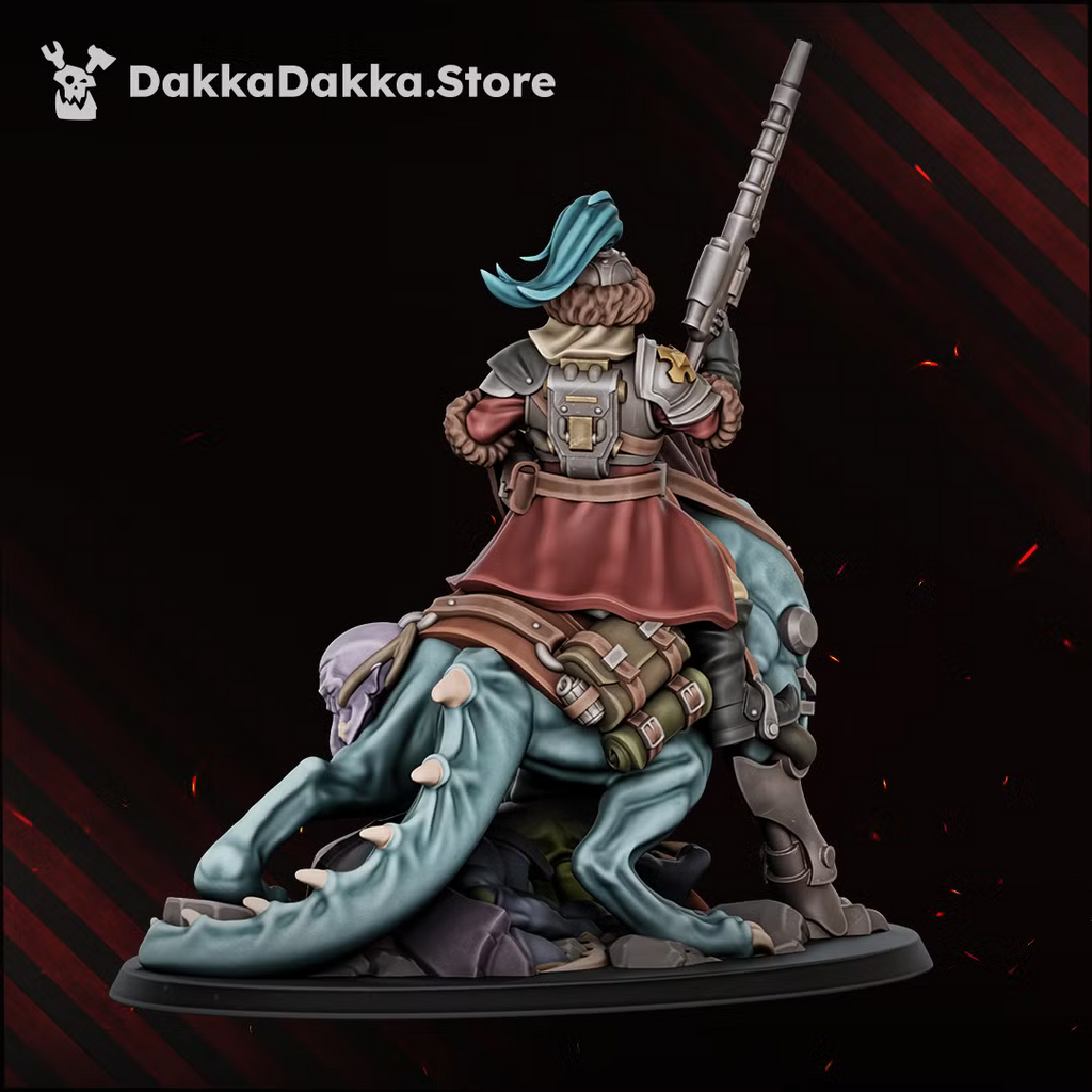 Rear painted view of Agent-Hunter Orazkhan, showing the rider’s backpack, cloak, weapon, saddle gear, and beast mount details.