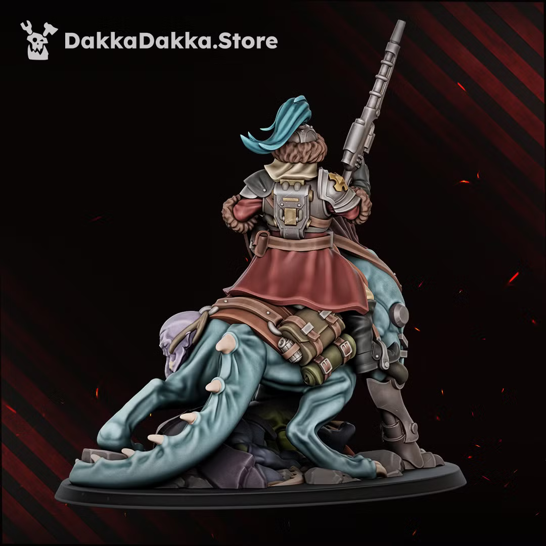 Rear painted view of Agent-Hunter Orazkhan, showing the rider’s backpack, cloak, weapon, saddle gear, and beast mount details.