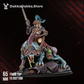 Agent-Hunter Orazkhan mounted sci-fi character on an alien beast with a long rifle and scenic rocky base, showing the 65mm top-to-bottom scale callout.