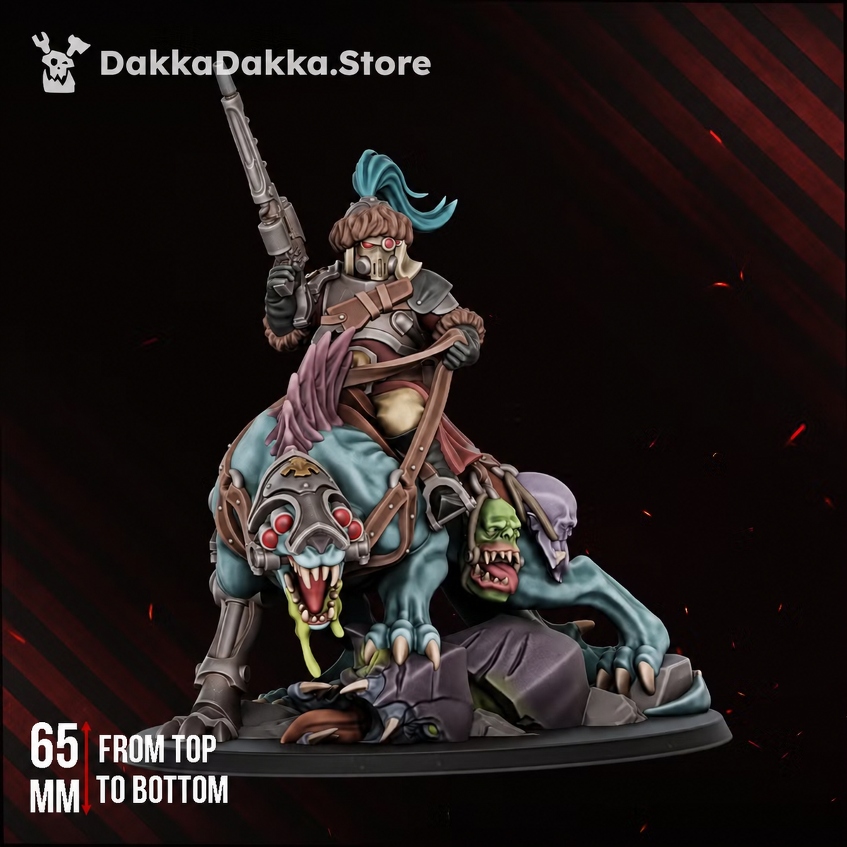 Agent-Hunter Orazkhan mounted sci-fi character on an alien beast with a long rifle and scenic rocky base, showing the 65mm top-to-bottom scale callout.