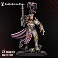 Agentess Vritra Draco by DakkaDakka, a 32mm sci-fi resin character miniature with ornate armor, flowing purple cloak, raised weapon, winged familiar, and scenic base.