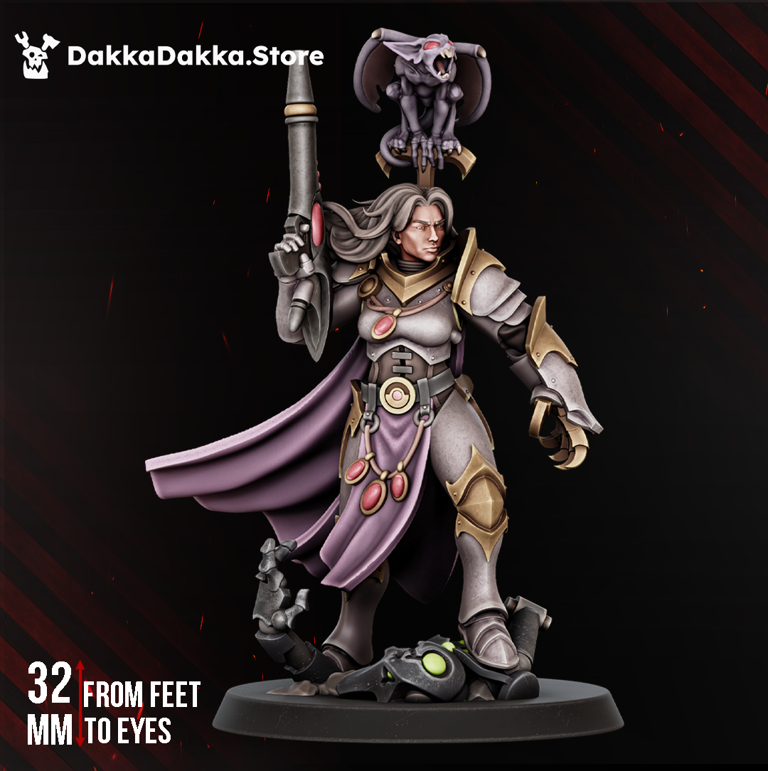 Agentess Vritra Draco by DakkaDakka, a 32mm sci-fi resin character miniature with ornate armor, flowing purple cloak, raised weapon, winged familiar, and scenic base.