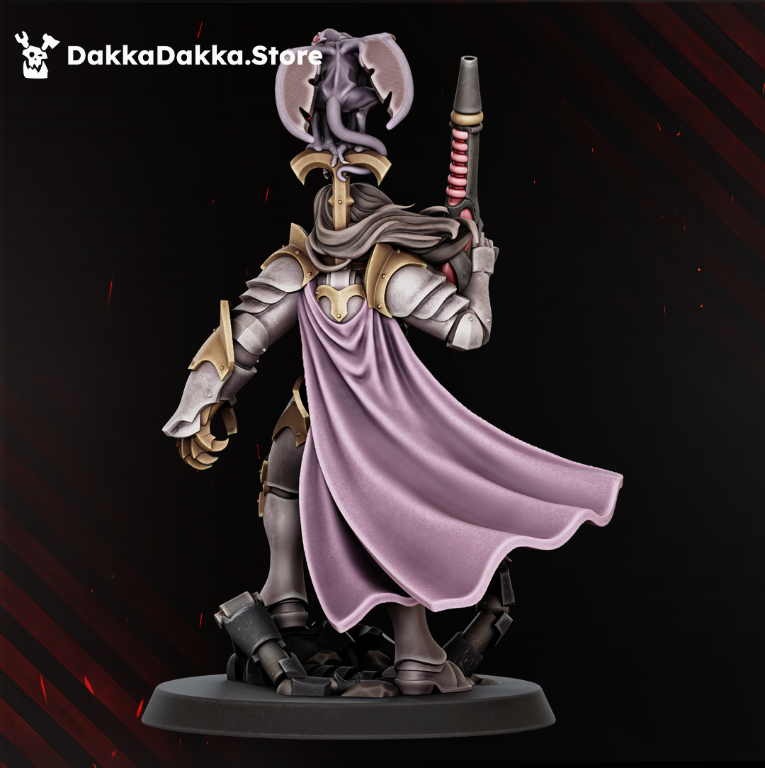 Rear view of Agentess Vritra Draco by DakkaDakka, showing the flowing cloak, armored details, raised weapon, winged familiar, and sci-fi scenic base.