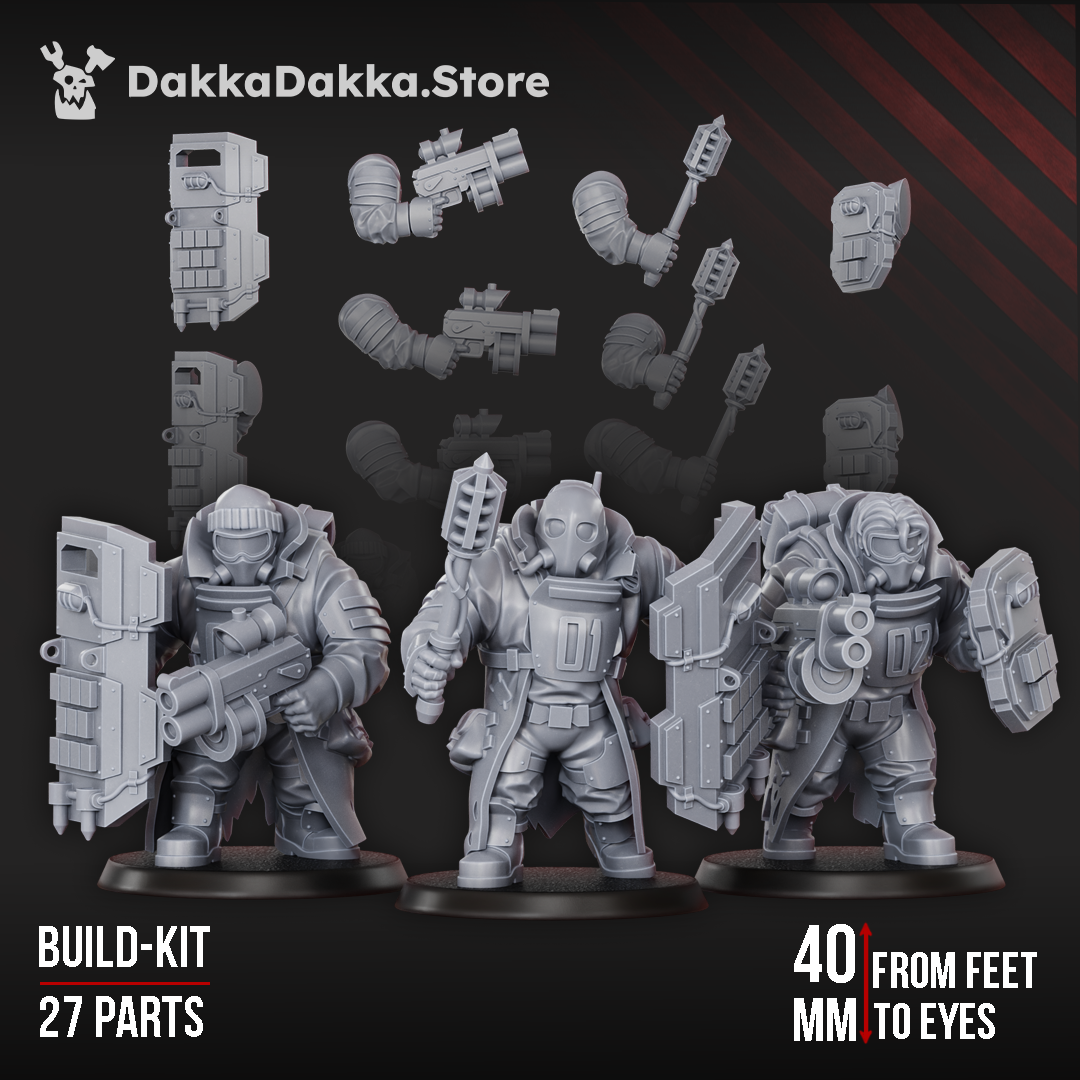 Alcat Heavy Mules modular build kit by DakkaDakka, showing 3 sci-fi heavy support miniatures with extra arms, weapons, shields, and 27 total resin parts.