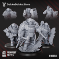 Alcat Heavy Mules preassembled squad by DakkaDakka, showing 6 bulky sci-fi support miniatures with shields, armor, heavy weapons, and rugged gear.