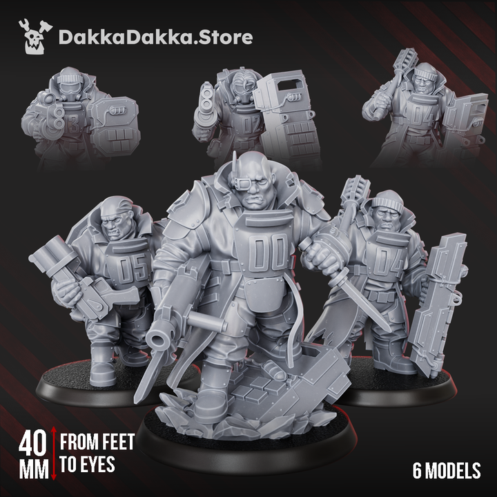 Alcat Heavy Mules preassembled squad by DakkaDakka, showing 6 bulky sci-fi support miniatures with shields, armor, heavy weapons, and rugged gear.
