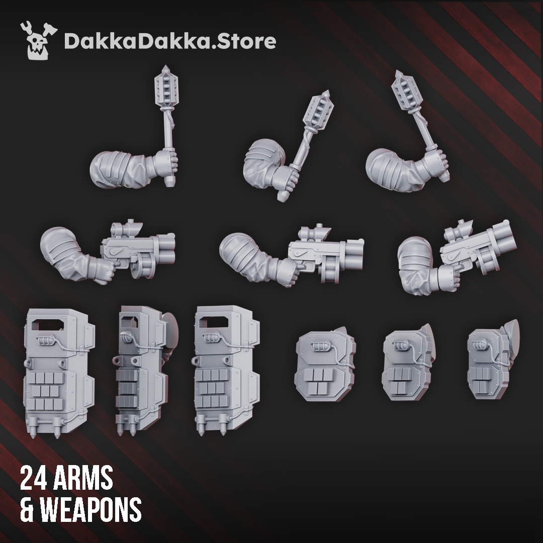 Alcat Heavy Mules arms and weapons by DakkaDakka, showing 24 modular sci-fi weapon, shield, and melee arm options for custom builds.