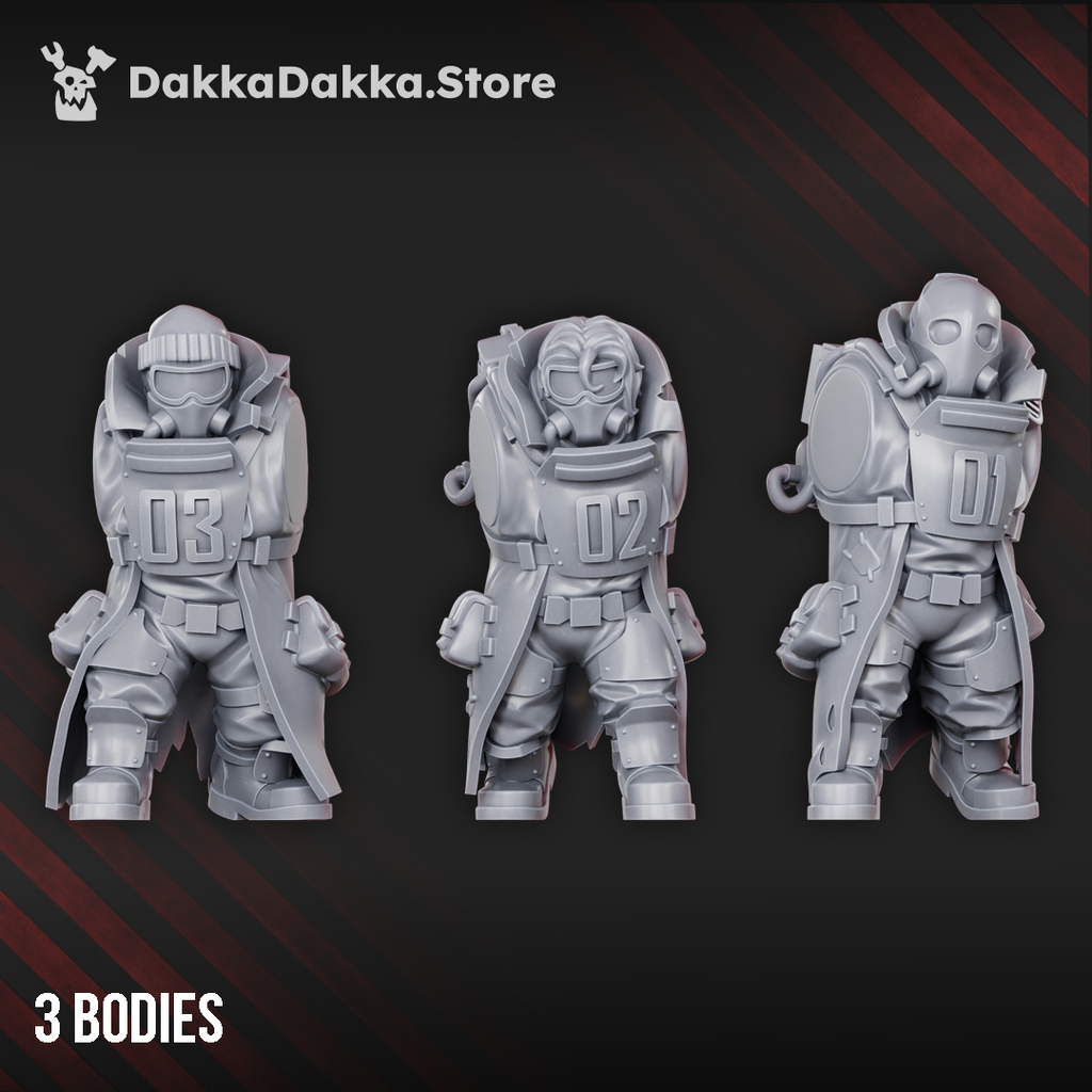 Alcat Heavy Mules body parts by DakkaDakka, showing 3 modular sci-fi heavy support bodies with armor plates, coats, masks, and numbered chest details.