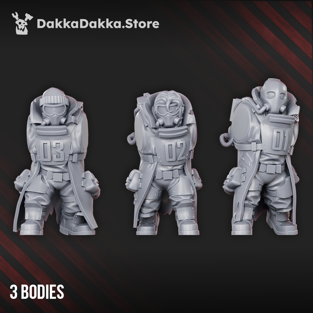 Alcat Heavy Mules body parts by DakkaDakka, showing 3 modular sci-fi heavy support bodies with armor plates, coats, masks, and numbered chest details.