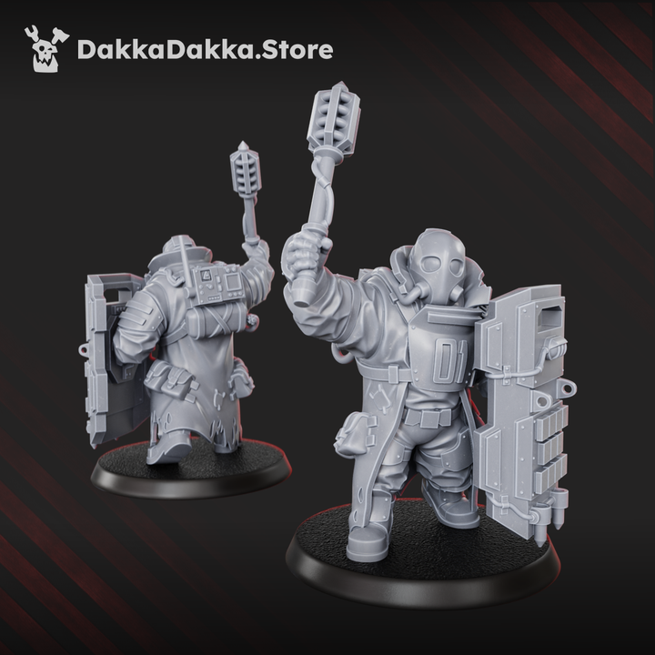 Alcat Heavy Mule miniature by DakkaDakka with gas mask, shield, and raised melee weapon, shown from front and rear angles.