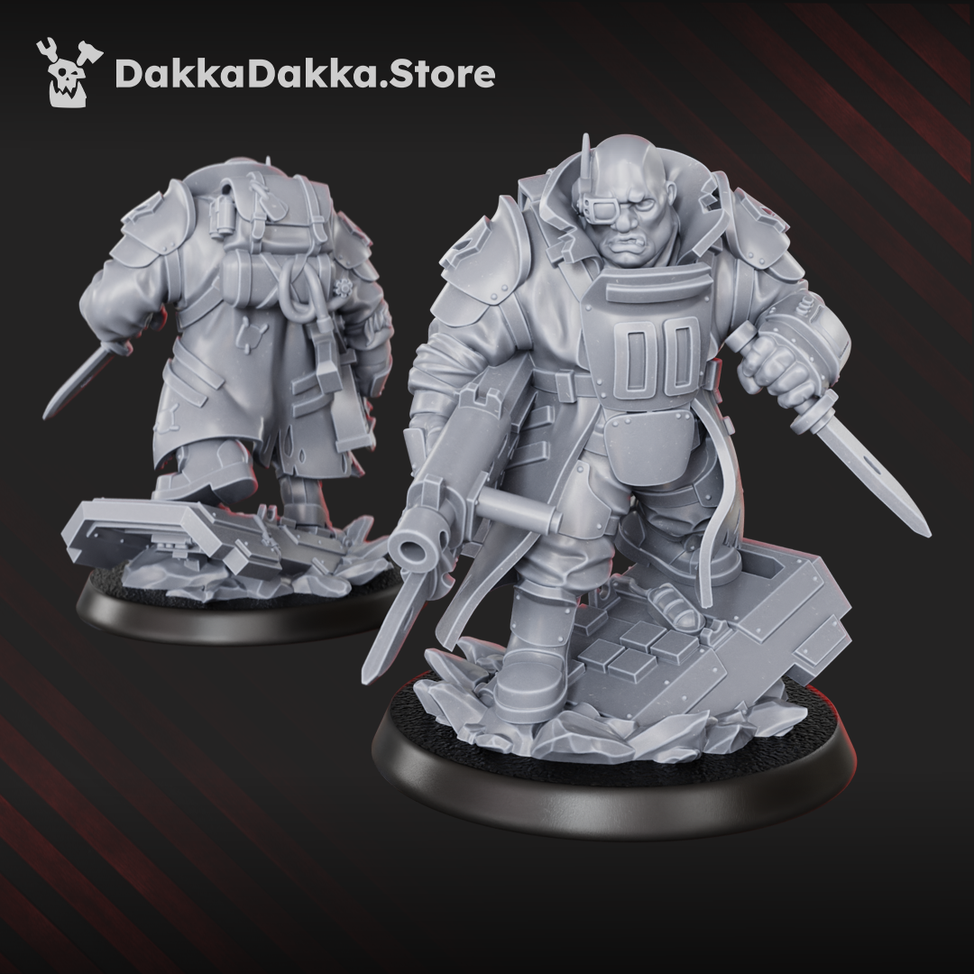 Alcat Heavy Mule sci-fi miniature by DakkaDakka with heavy armor, pistol, knife, backpack gear, and scenic base detail.