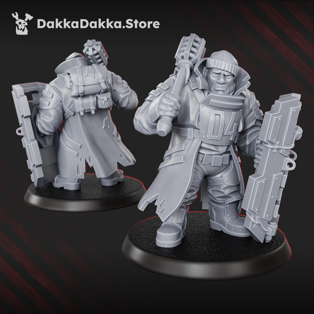 Alcat Heavy Mule miniature by DakkaDakka holding a shield and raised mace, shown with front and rear views.