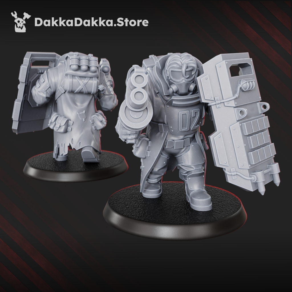 Alcat Heavy Mule support miniature by DakkaDakka with large shield and double-barreled weapon, shown from front and rear angles.