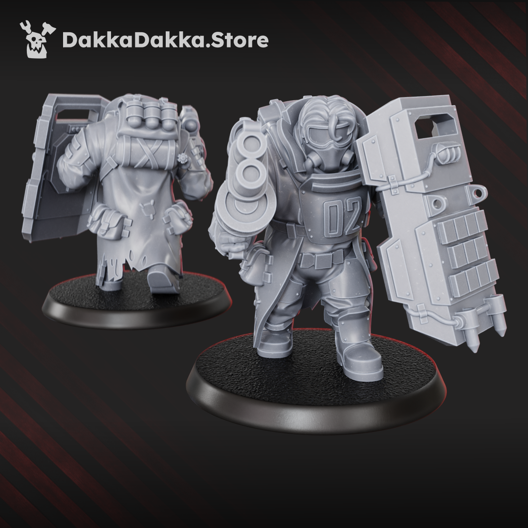 Alcat Heavy Mule support miniature by DakkaDakka with large shield and double-barreled weapon, shown from front and rear angles.