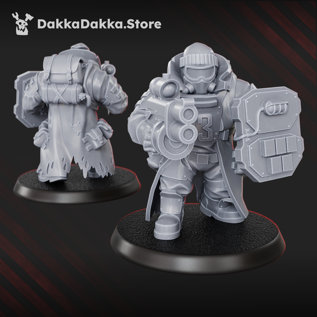 Alcat Heavy Mule sci-fi miniature by DakkaDakka with bulky armor, shield, and compact weapon, shown in front and rear views.