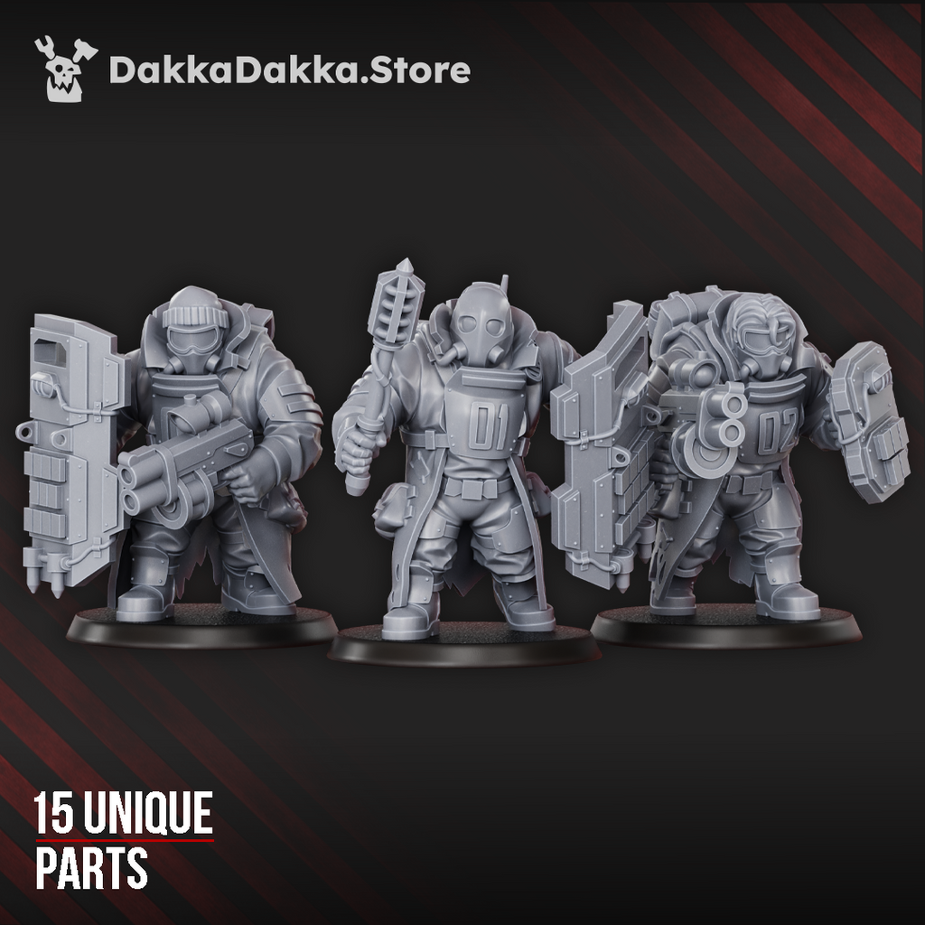 Alcat Heavy Mules 3-model squad by DakkaDakka, showing bulky sci-fi support miniatures with heavy shields, armor, weapons, and rugged battlefield gear.