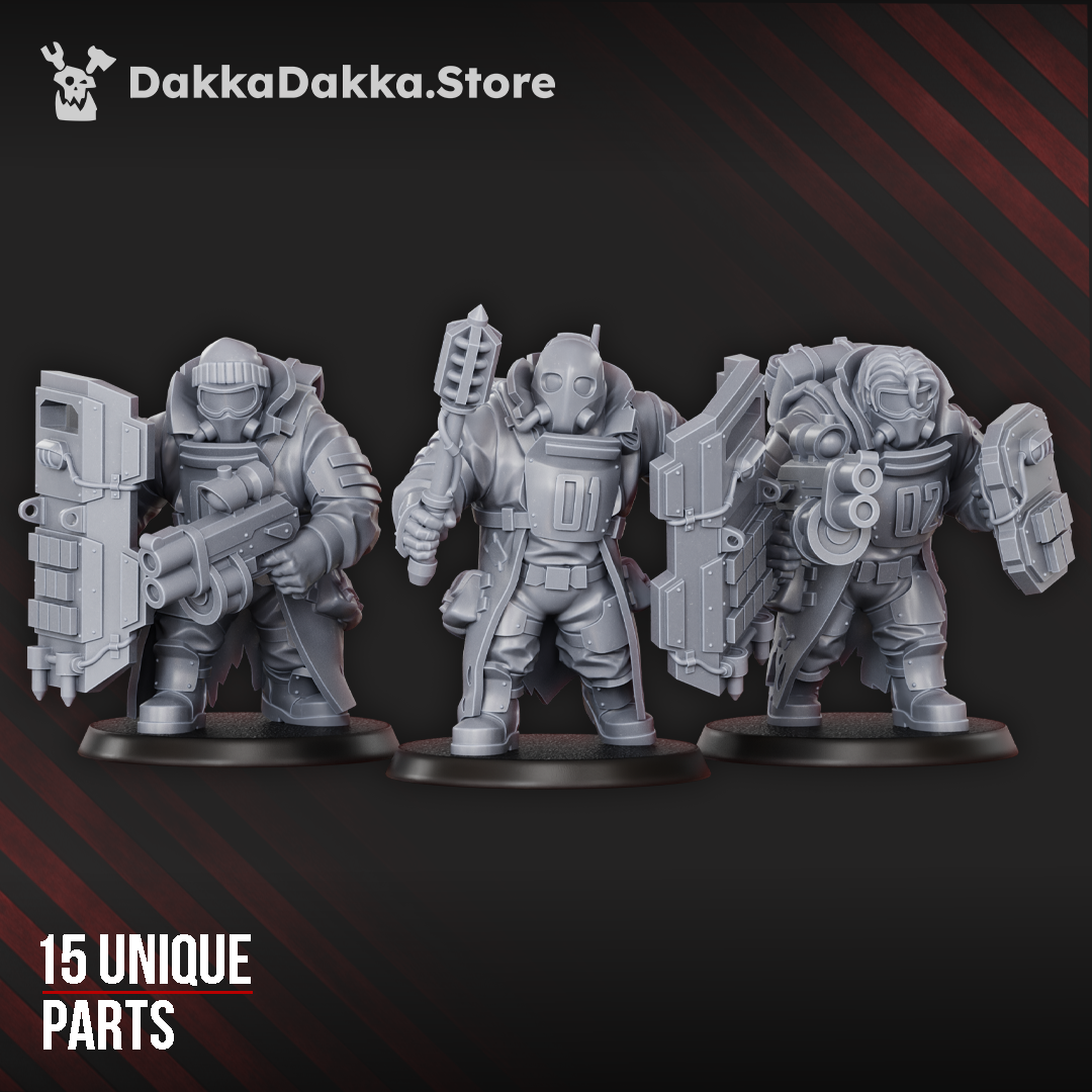 Alcat Heavy Mules 3-model squad by DakkaDakka, showing bulky sci-fi support miniatures with heavy shields, armor, weapons, and rugged battlefield gear.