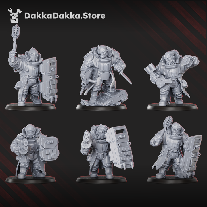 Alcat Heavy Mules preassembled squad by DakkaDakka, showing 6 bulky sci-fi support miniatures with shields, armor, heavy weapons, and rugged gear.
