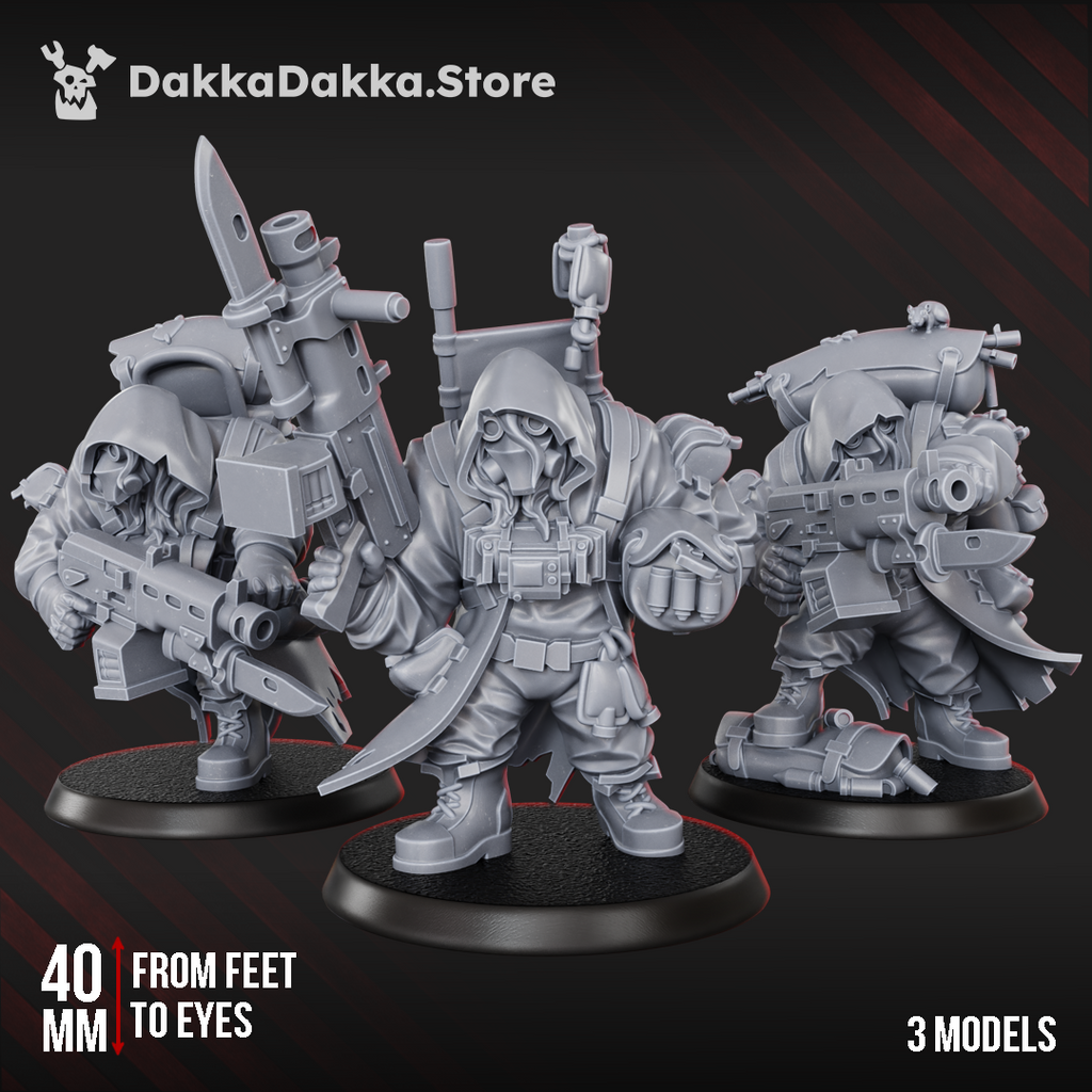 Alcat Mules 3-model support squad by DakkaDakka, showing hooded sci-fi miniatures with heavy weapons, backpacks, blades, and rugged battlefield gear.