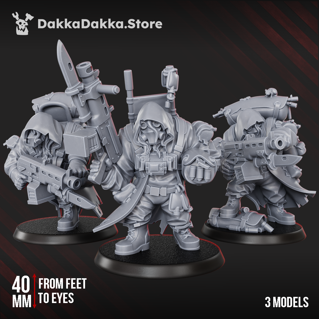 Alcat Mules 3-model support squad by DakkaDakka, showing hooded sci-fi miniatures with heavy weapons, backpacks, blades, and rugged battlefield gear.