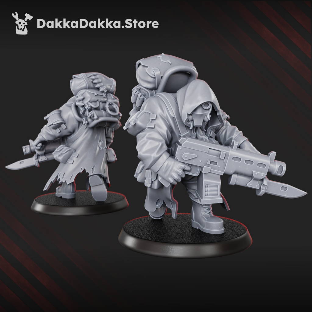 Alcat Mules miniature by DakkaDakka holding a sci-fi rifle with blade attachment, wearing a hood, backpack, and heavy support equipment.