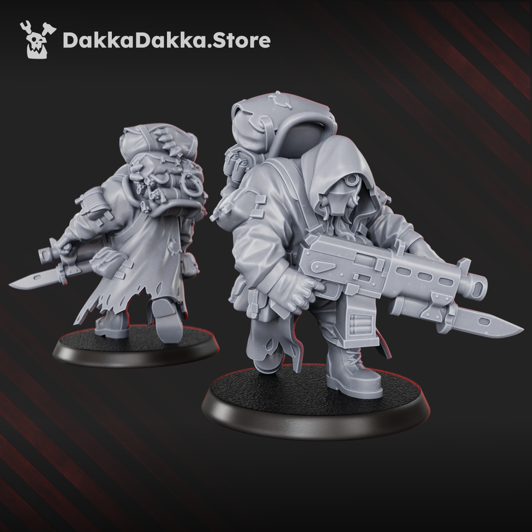 Alcat Mules miniature by DakkaDakka holding a sci-fi rifle with blade attachment, wearing a hood, backpack, and heavy support equipment.