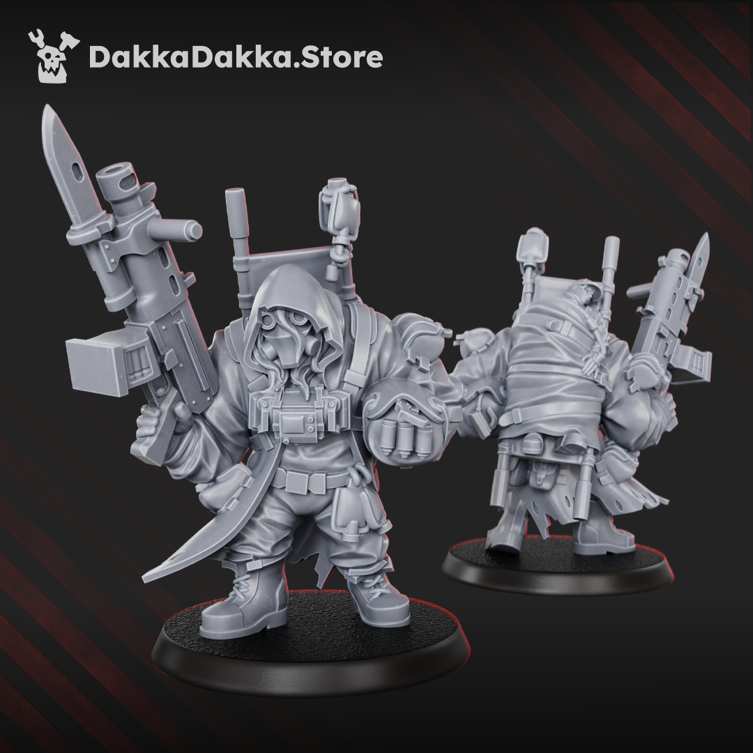 Alcat Mules support miniature by DakkaDakka, showing a hooded sci-fi figure with heavy gear, large weapon, backpack, knife, and detailed survival equipment.