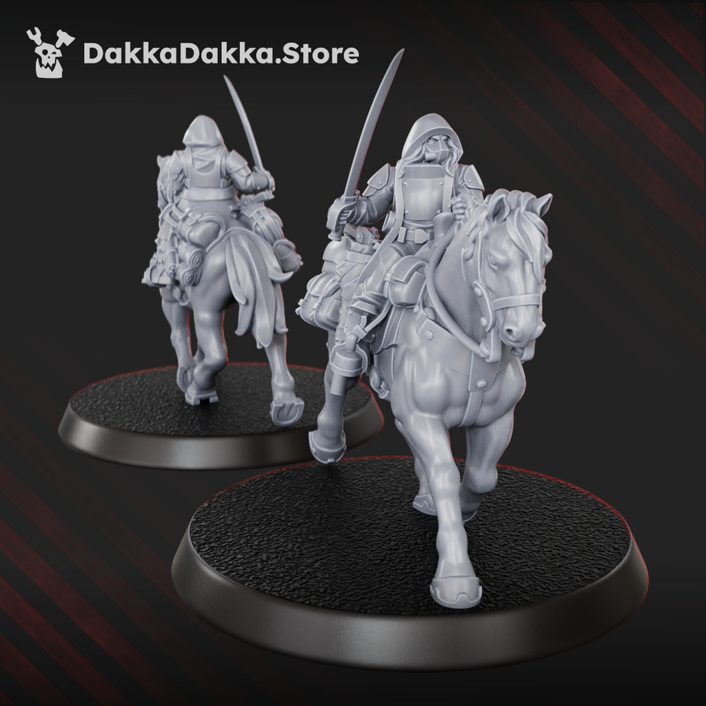 Hooded mounted assault rider by DakkaDakka with curved swords and armored horse for sci-fi tabletop games.
