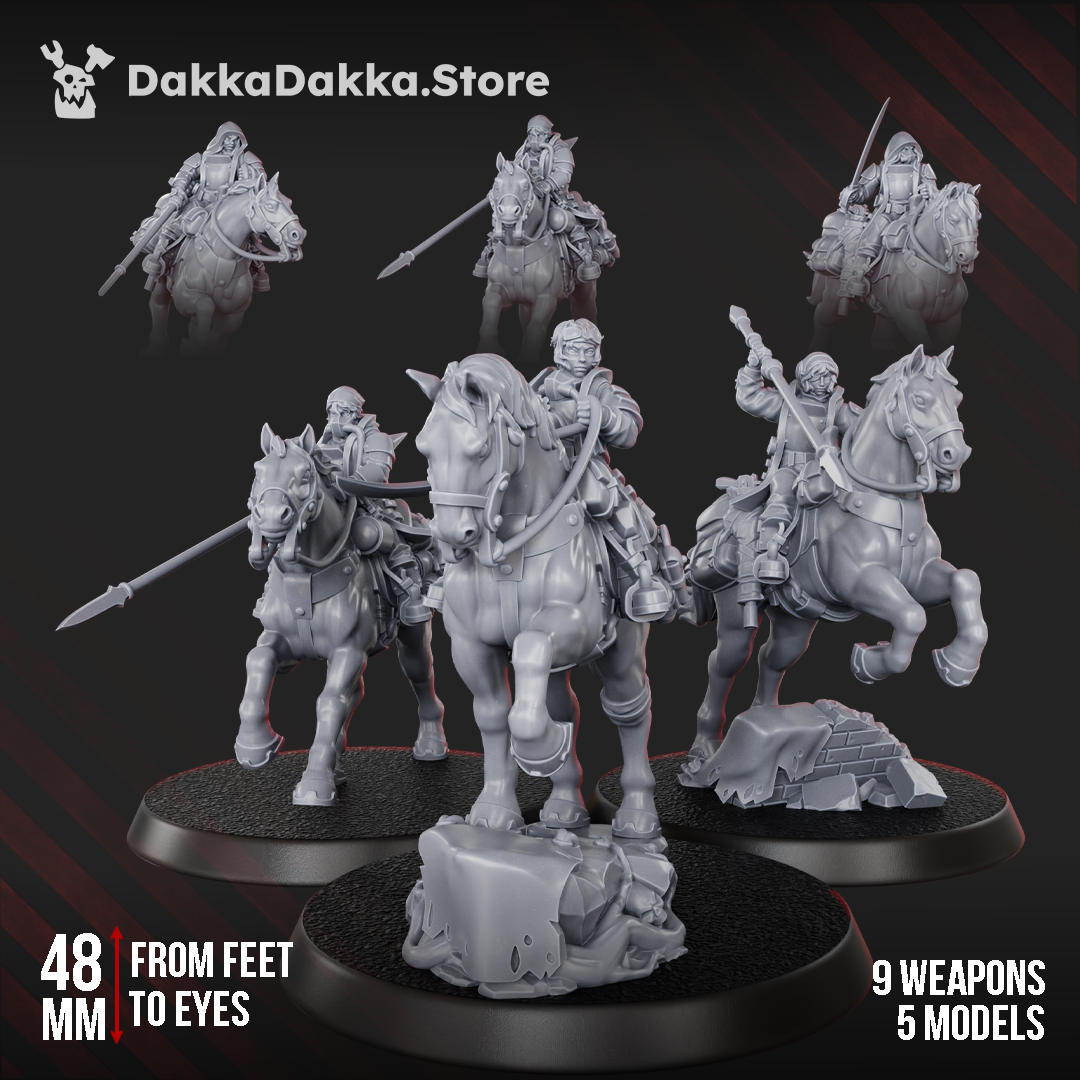 Alcat Rats Assault Riders by DakkaDakka, a 5-model mounted sci-fi cavalry squad with horses, riders, lances, sabers, and multiple weapon options.
