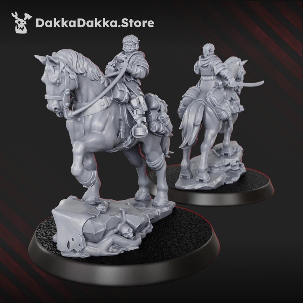 Mounted sci-fi assault rider by DakkaDakka on armored horse with rubble base, cloak, and sword.