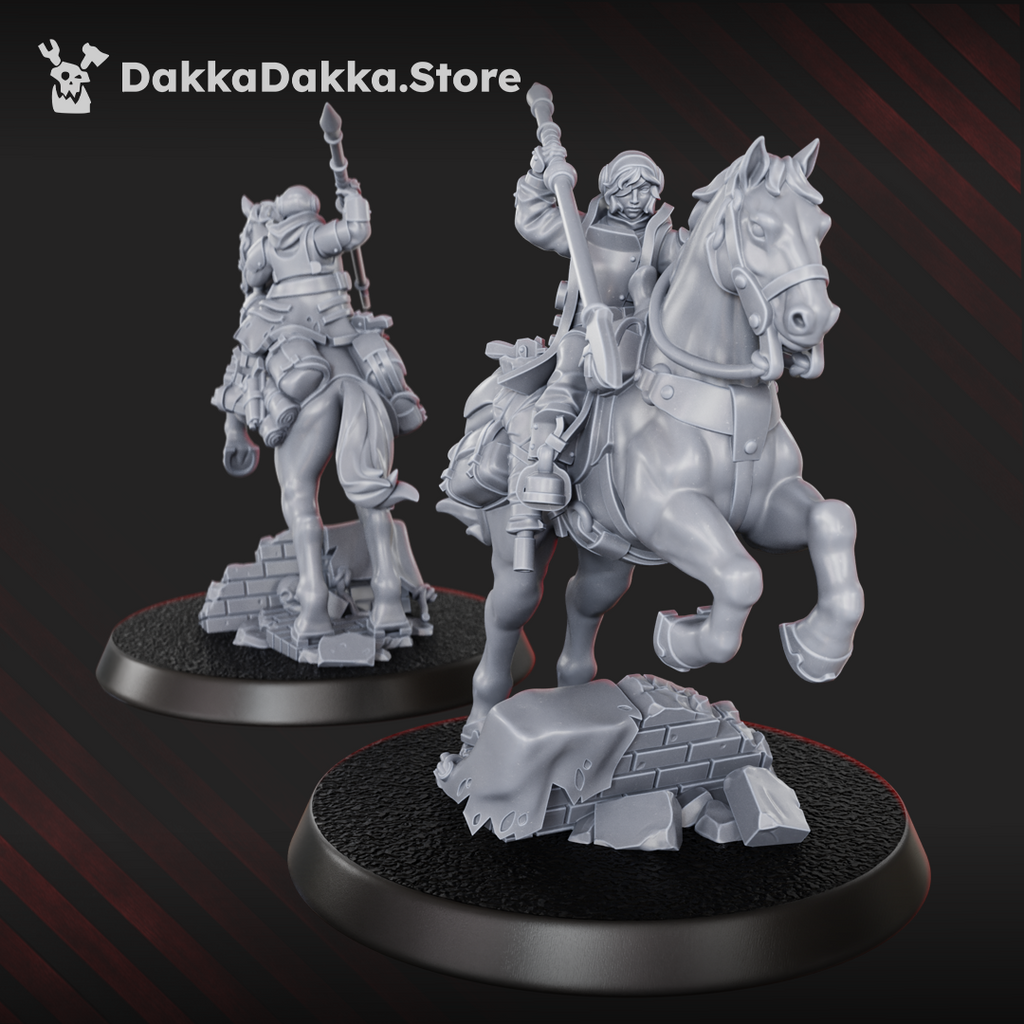 Alcat Rats Assault Rider miniature by DakkaDakka holding a raised lance while riding an armored horse.