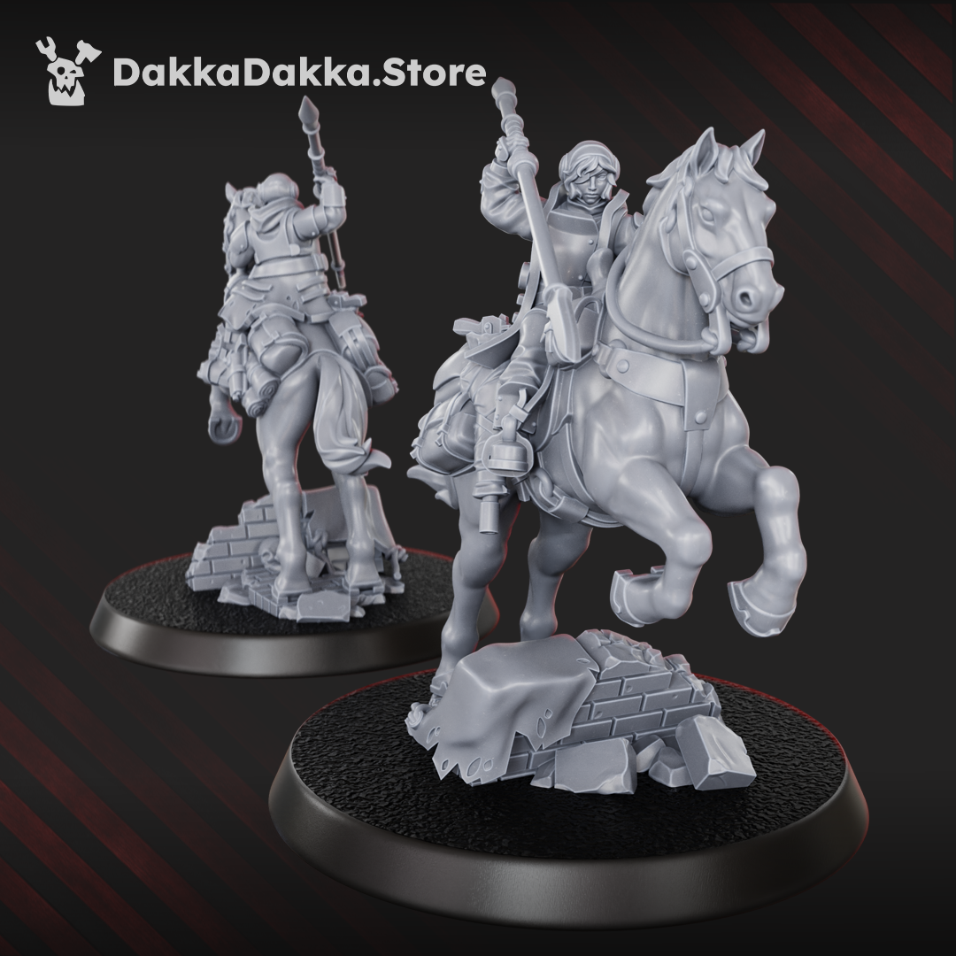 Alcat Rats Assault Rider miniature by DakkaDakka holding a raised lance while riding an armored horse.